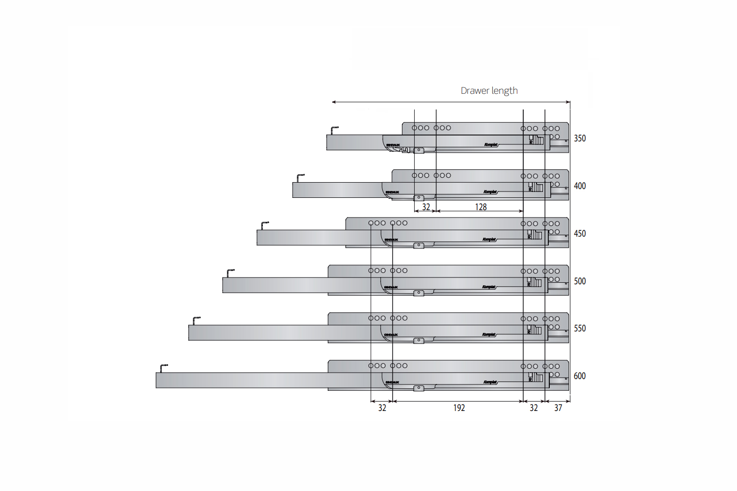 Set kogelladegeleiders - Komplet - 300mm - bodemmontage - softclosing