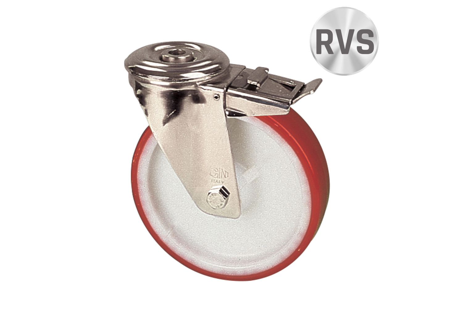 RVS Zwenkwielen met PU loopvlak - nylon kern - met rem - gatbevestiging