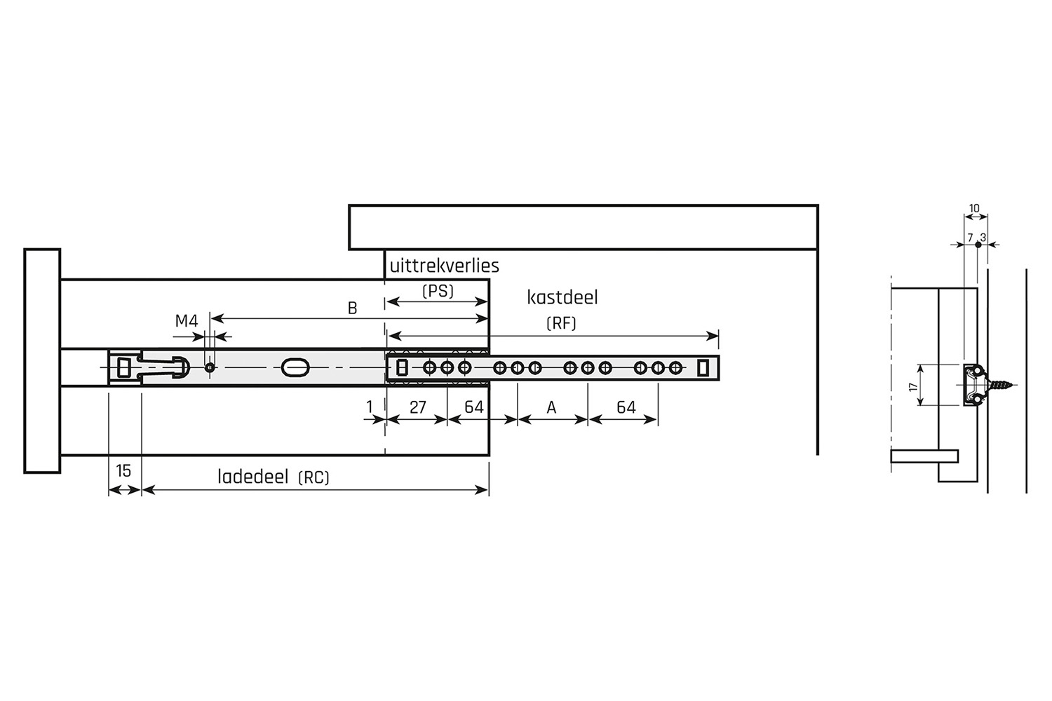 Set ka17 geleiders - 470-510mm - gedeeltelijk uittrekbaar met 113mm uittrekverlies - zijwandmontage