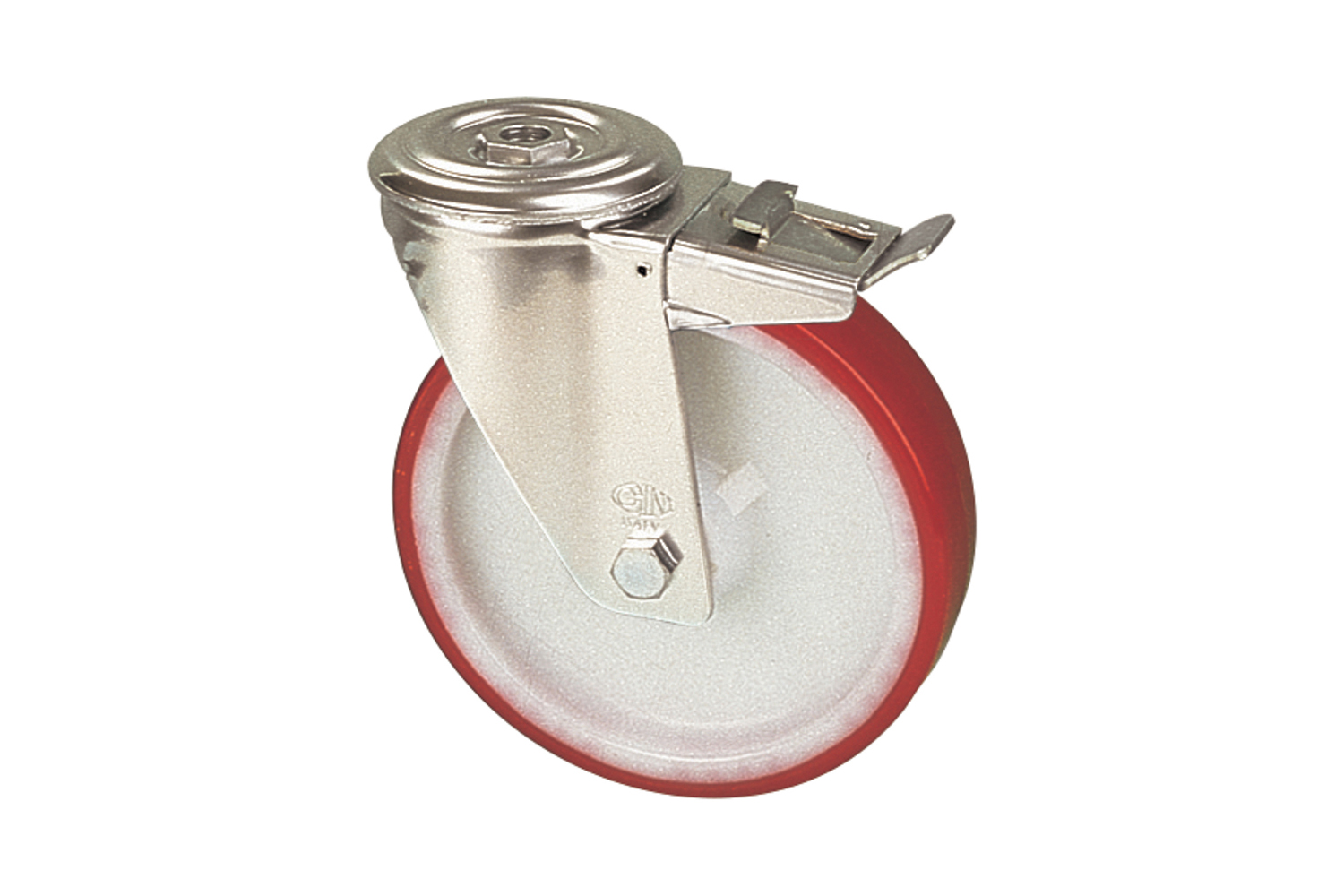 Zwenkwielen met PU loopvlak - nylon kern - met rem - gatbevestiging