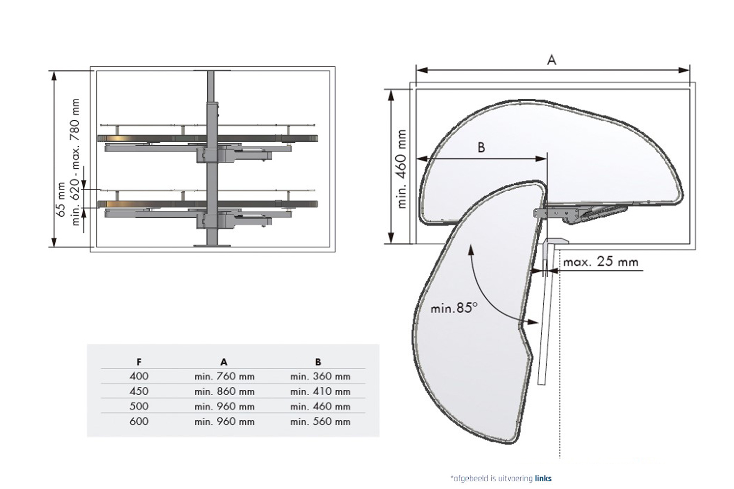 Zwenkplateau set - dolphin - 400mm - links - antraciet