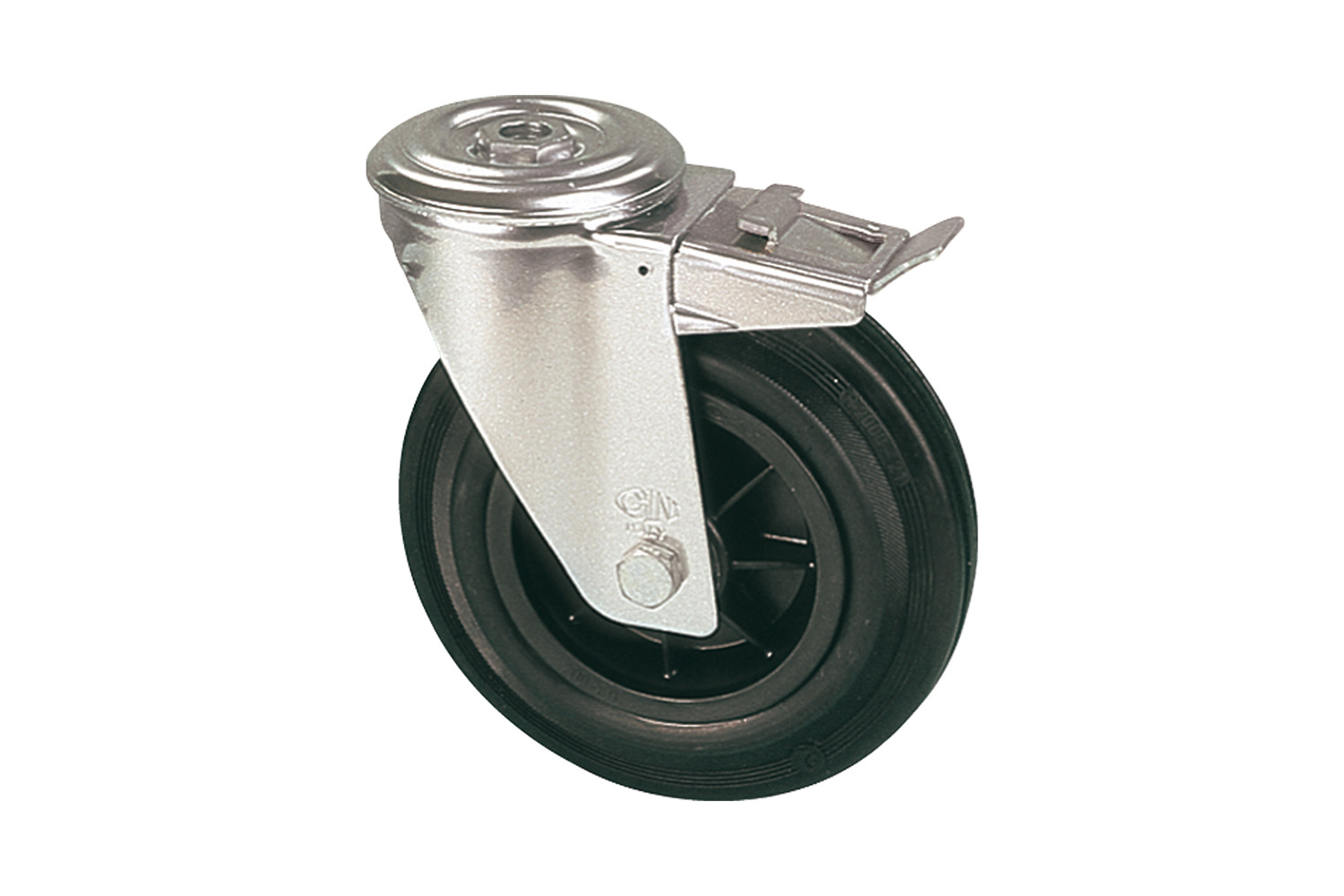 Zwenkwielen met kunststof velg en rubberband - met rem - gatbevestiging