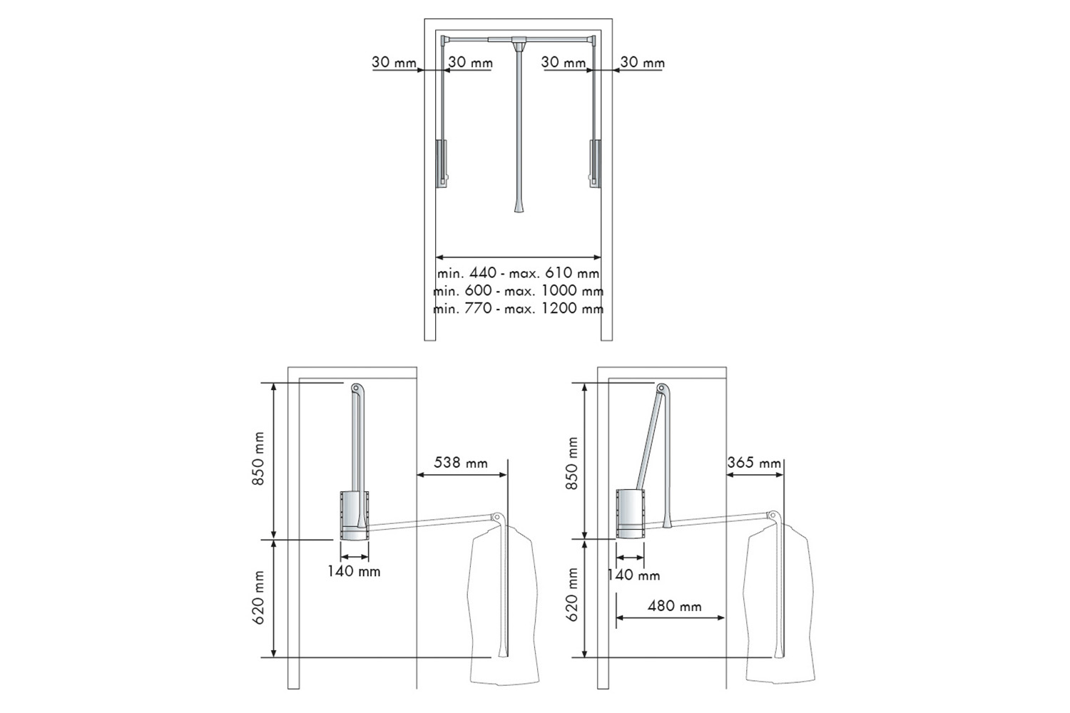 Kledinglift - zilvergrijs - 600-830mm