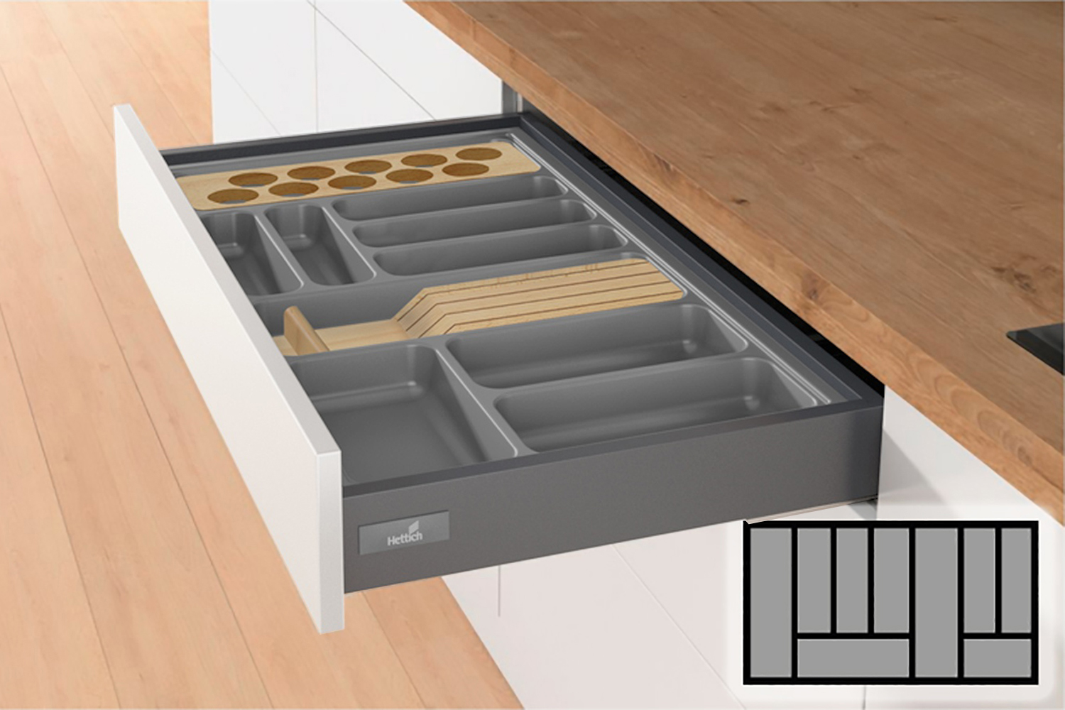 Antraciete Hettich Orgatray bestekbak - 801-900mm breed - 370-440mm diep