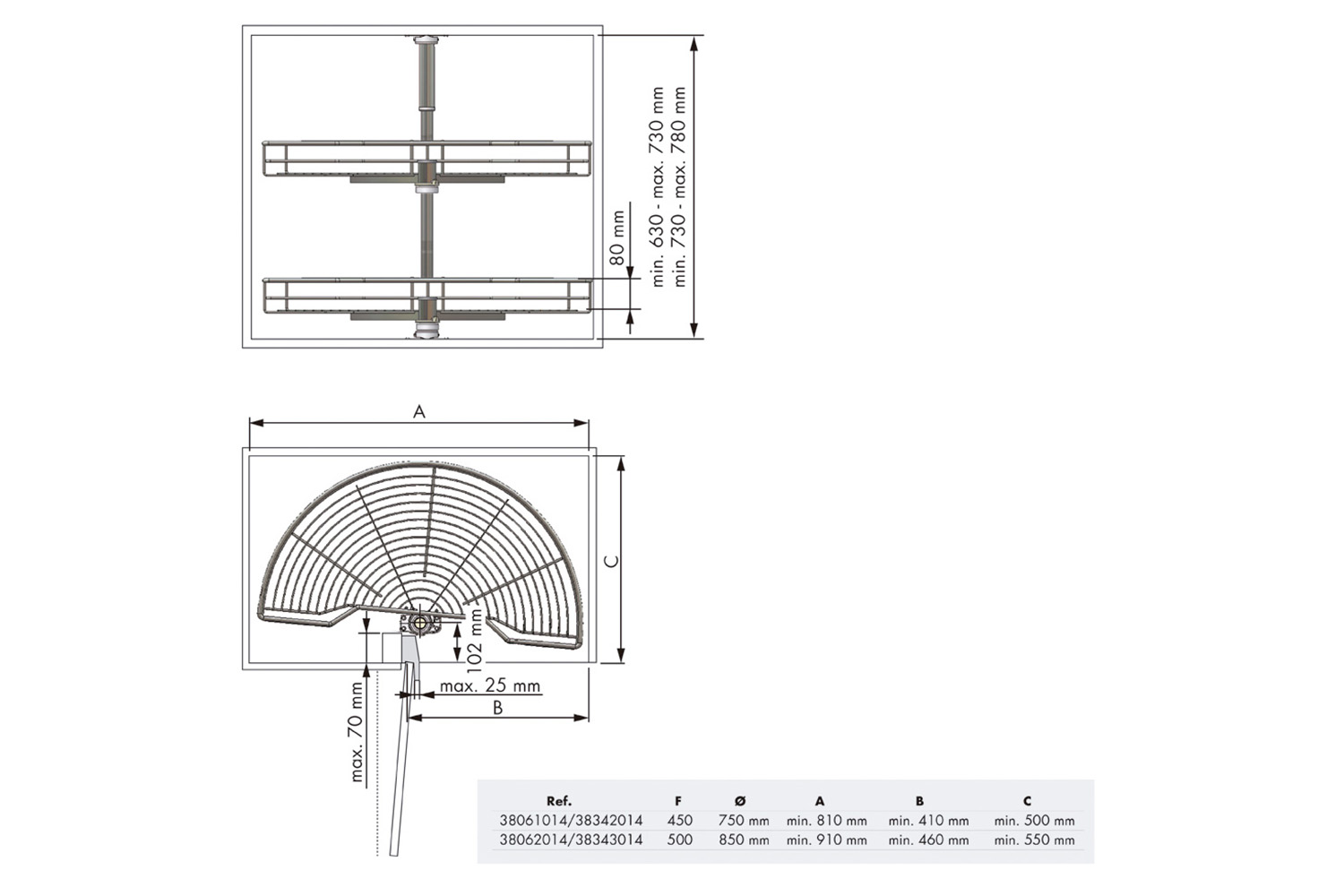 1/2 rond zwenkdraadmanden - 450mm - chroom