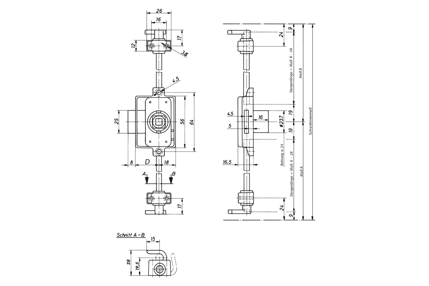 Espagnoletslot - voor draaiknop - links, rechts - penmaat: 25mm (excl. knop en toebehoren) Espagnoletslot - voor draaiknop - links, rechts - penmaat: 25mm (excl. knop en toebehoren)