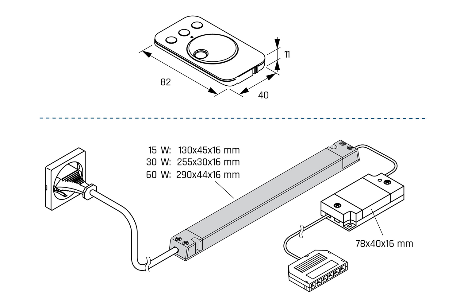 Startset trafo - 12v - 15w - met zwarte afstandsbediening - met 6-weg aansluiting - kleurtemp. instelbaar - 1-kanaals