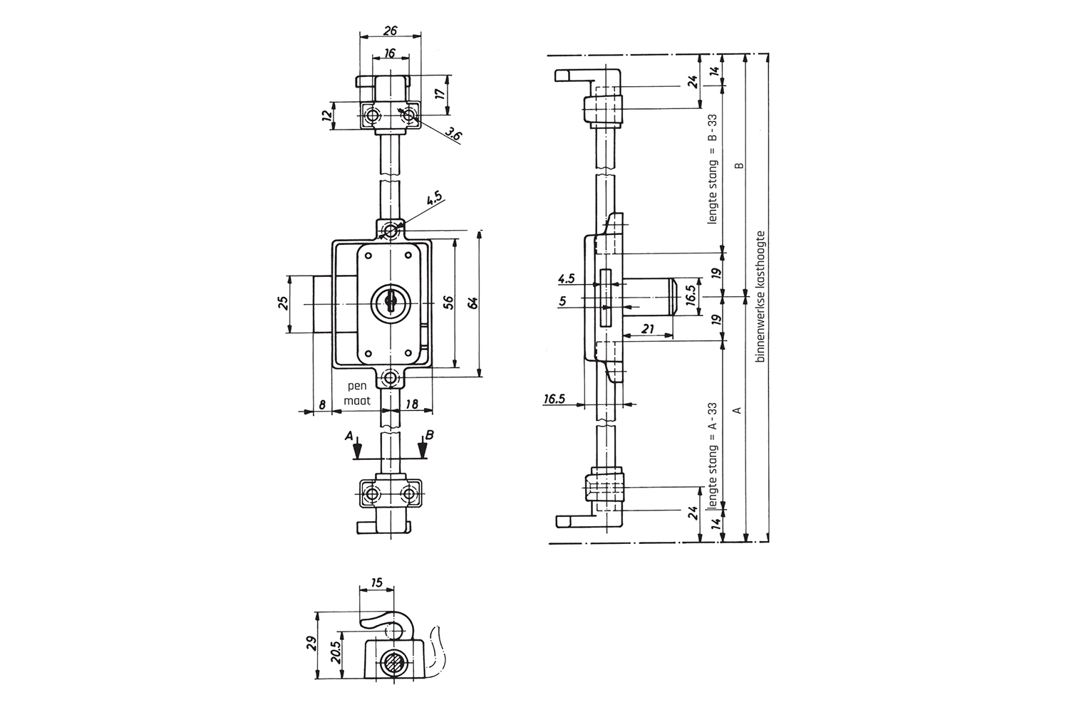 Espagnoletslot - voor inzetcilinder - universeel - penmaat: 15mm (excl. inzetcilinder en toebehoren) Espagnoletslot - voor inzetcilinder - universeel - penmaat: 15mm (excl. inzetcilinder en toebehoren)