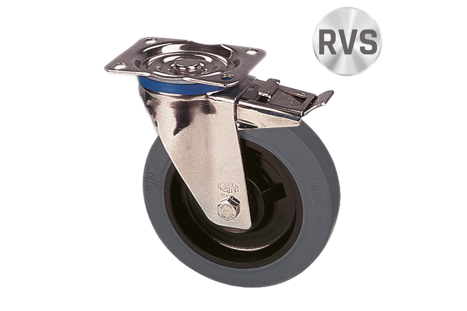 RVS zwenkwielen met grijze elastische rubberband - met rem