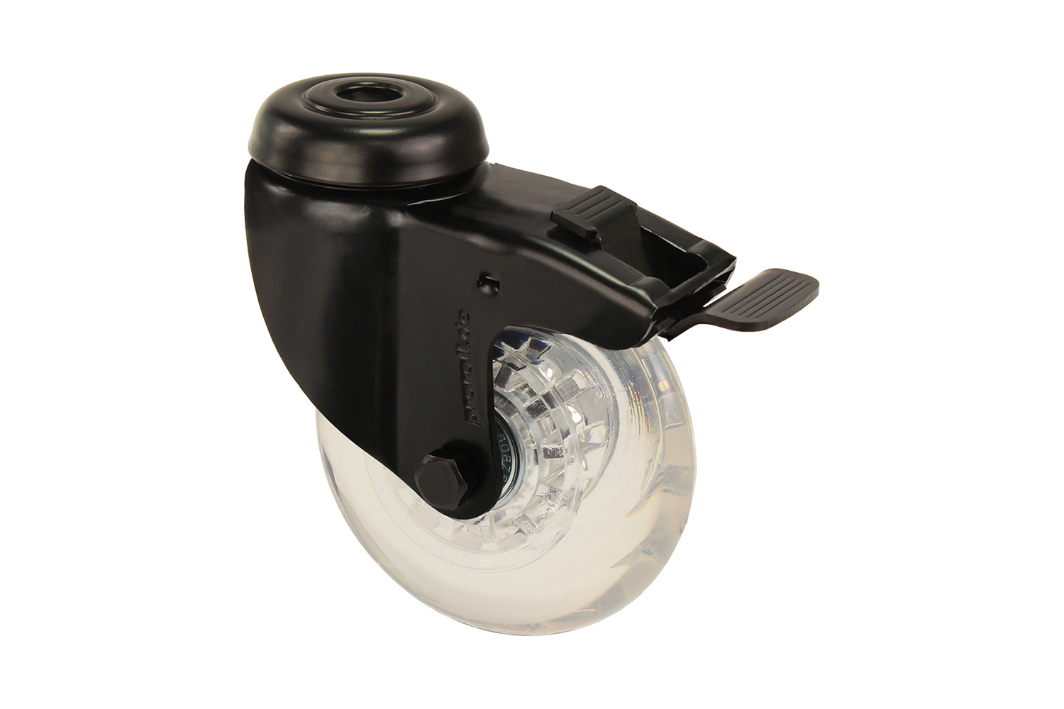 Zwarte zwenkwielen met PU skate wiel - met rem - gatbevestiging