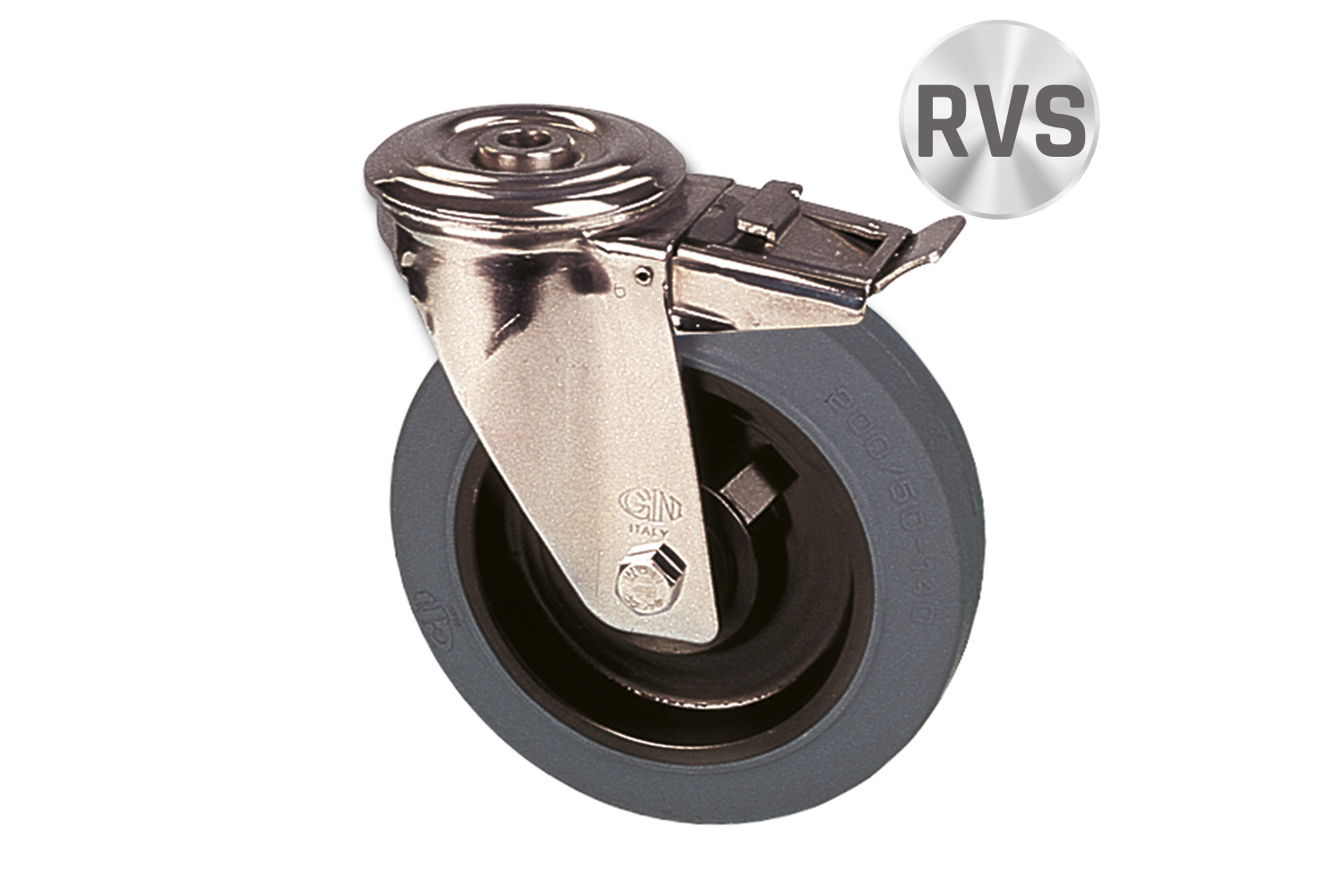 RVS zwenkwielen met grijze elastische rubberband - met rem - gatbevestiging