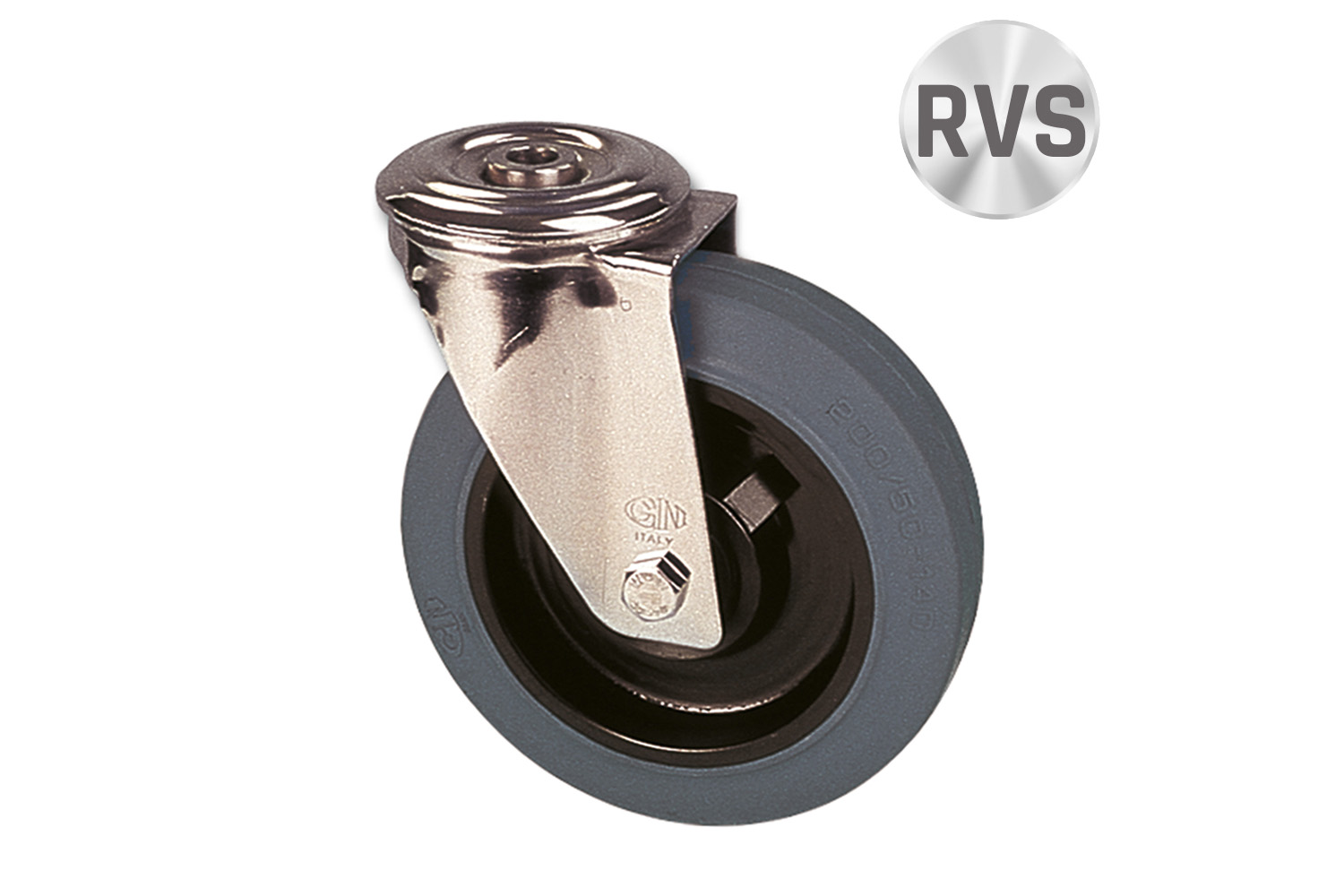 RVS zwenkwielen met grijze elastische rubberband - gatbevestiging