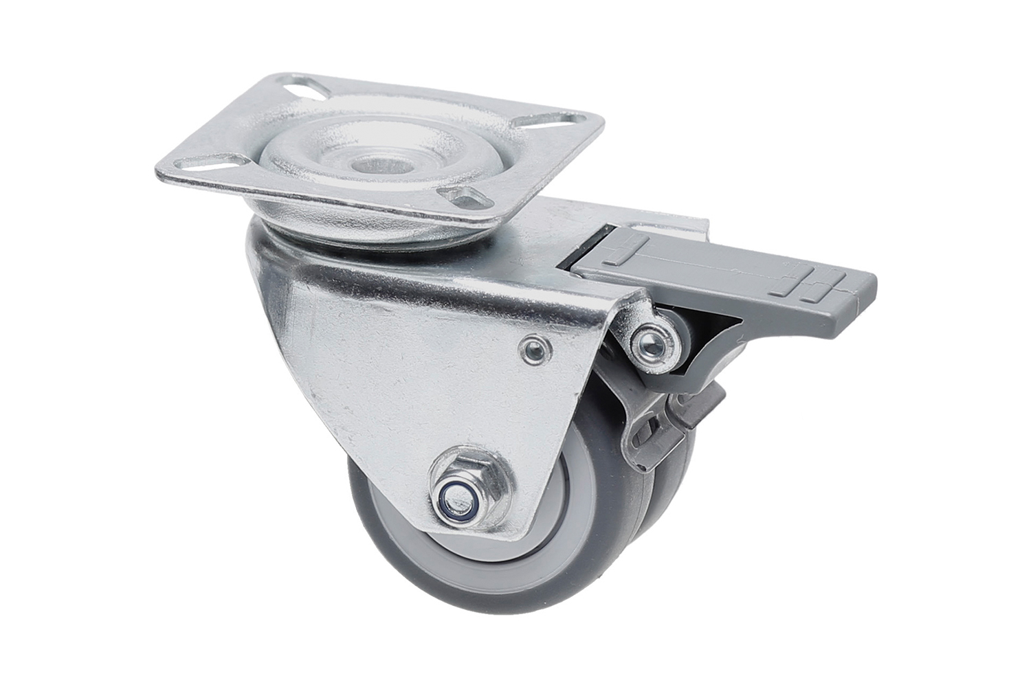 Verzinkte dubbele zwenkwielen met grijs rubber wiel - met rem