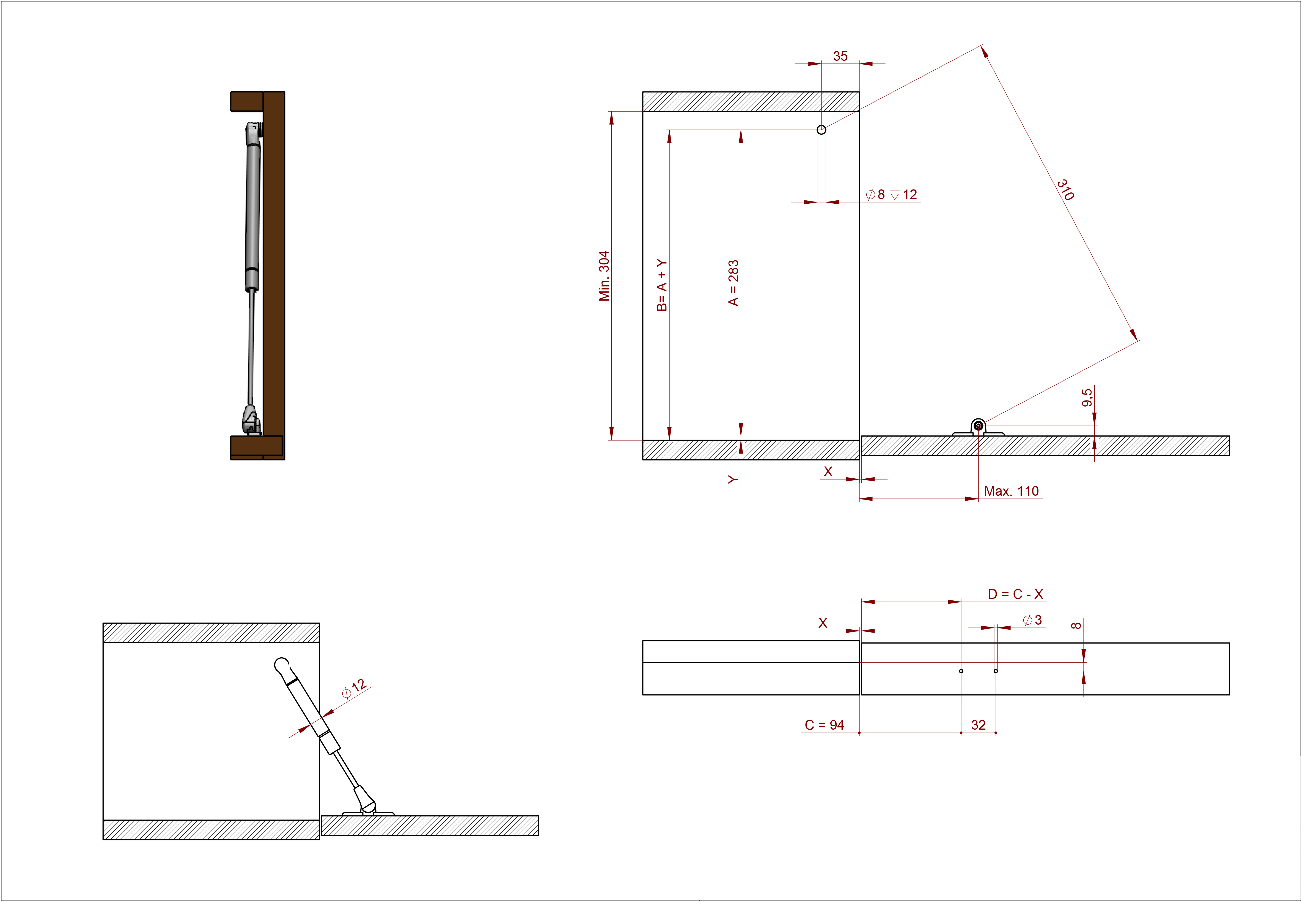 Gasveer - antraciet - omlaag - 351-400mm - 90°