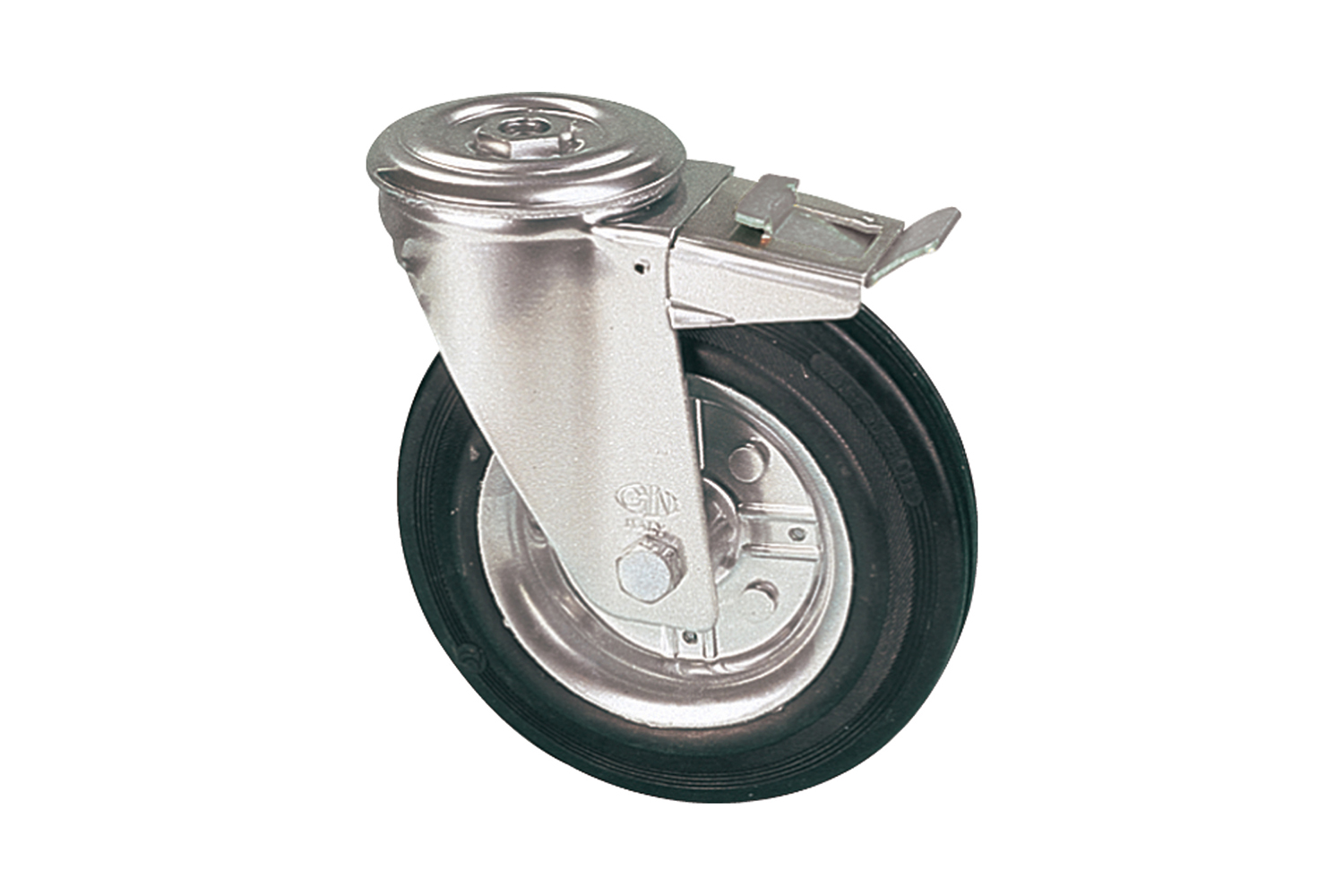 Zwenkwielen met glansverzinkte stalen velg en rubberband - met rem - gatbevestiging