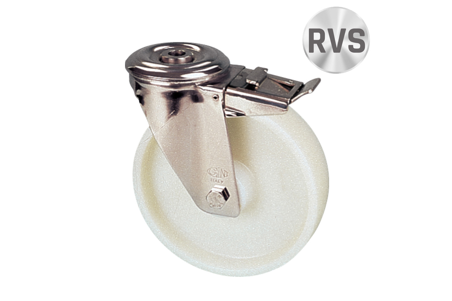 RVS zwenkwielen met nylon loopvlak - met rem - gatbevestiging
