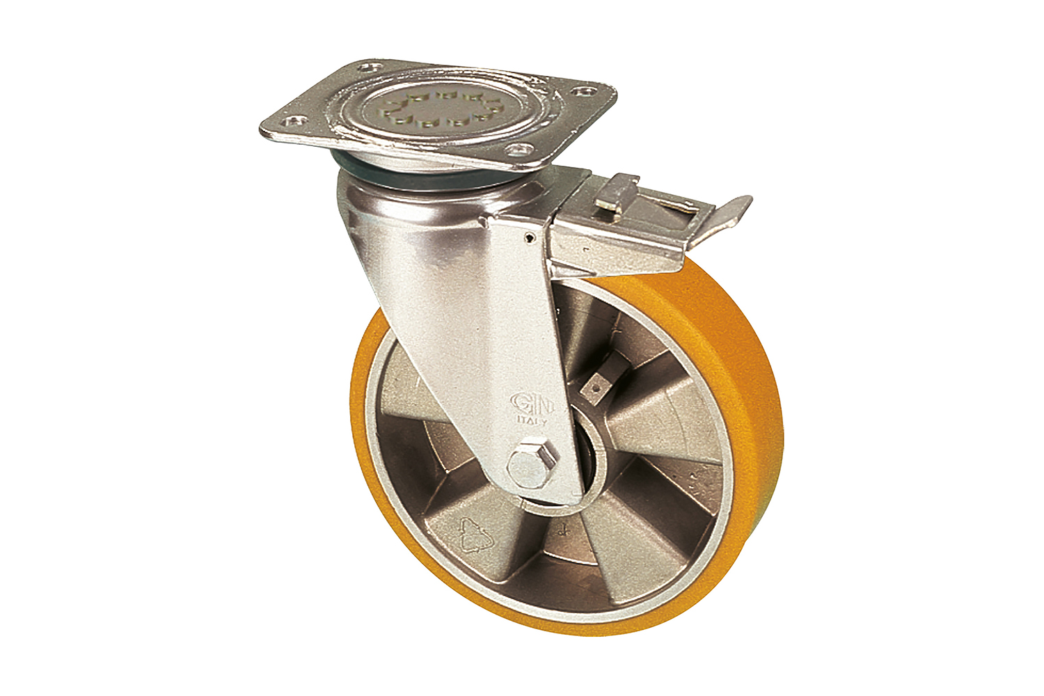 Zwenkwielen met PU loopvlak - alu kern - met rem