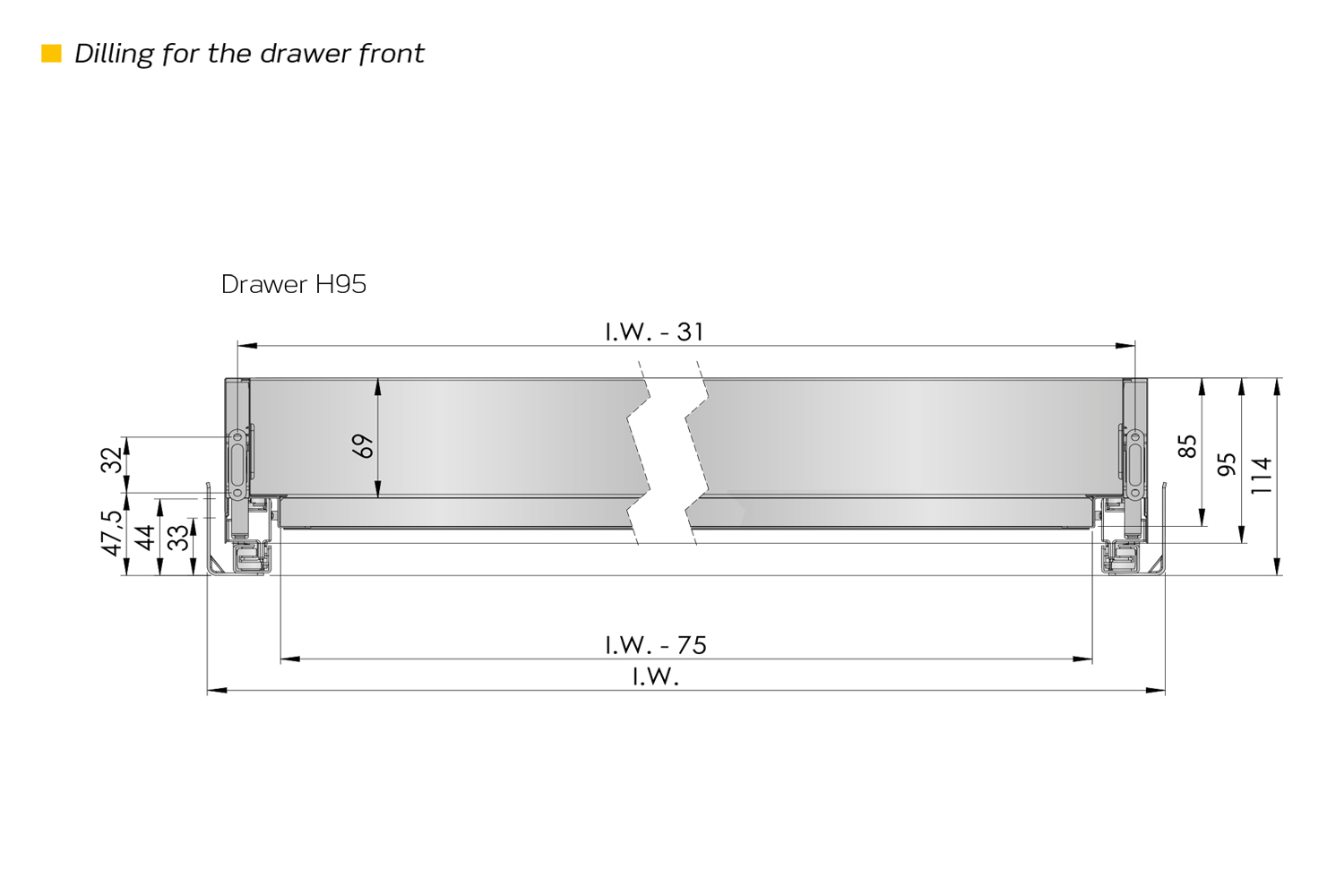 Flysch - set voor lade h:95mm - met softclose & push-to-open - d: 270mm - antraciet