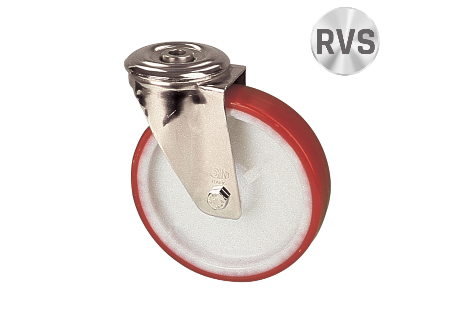 RVS transportwielen met PU loopvlak - nylon kern - gatbevestiging