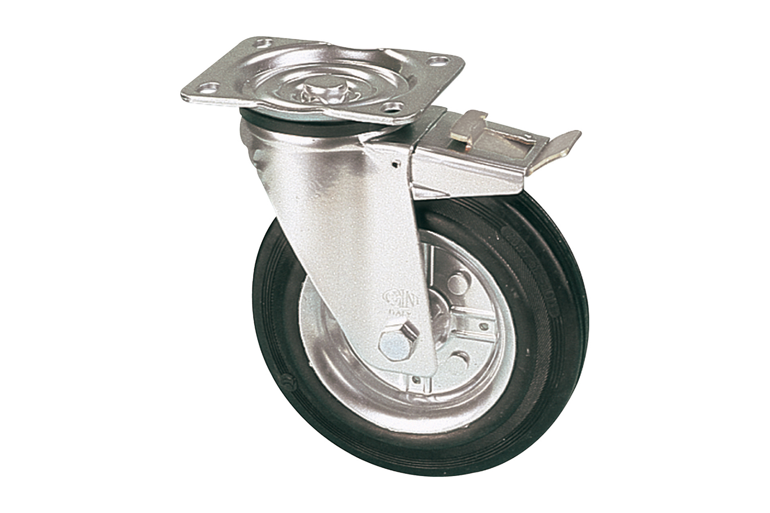 Zwenkwielen met glansverzinkte stalen velg en rubberband - met rem