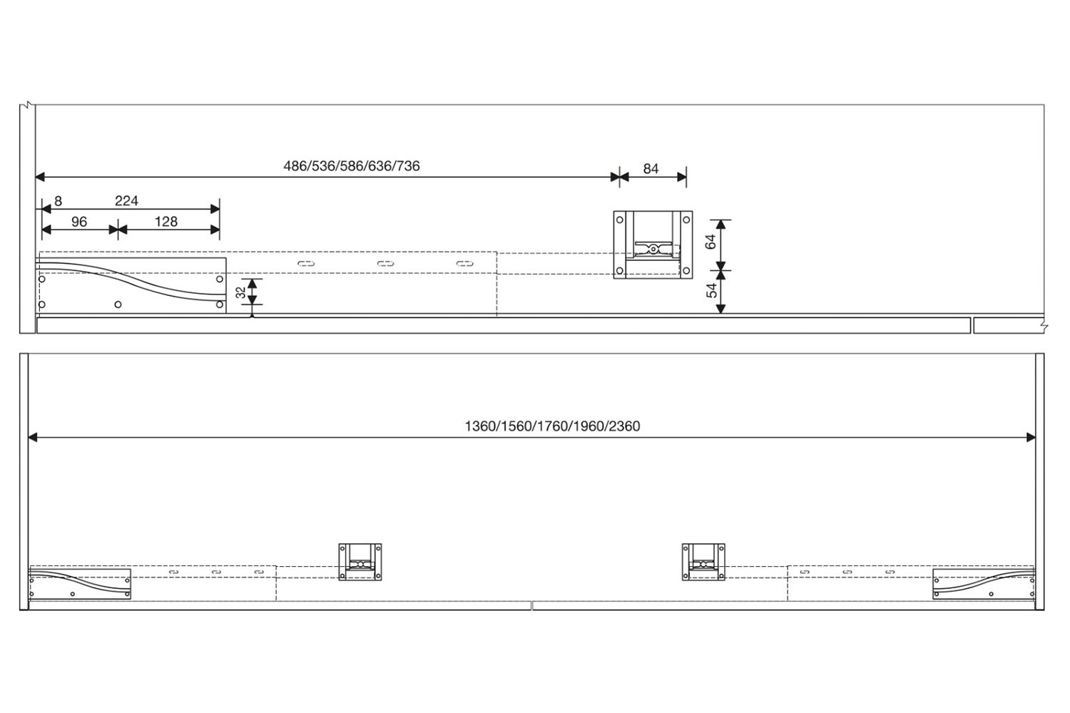 Complete set beslag voor 2 deuren - Systeem Duo - 1560mm