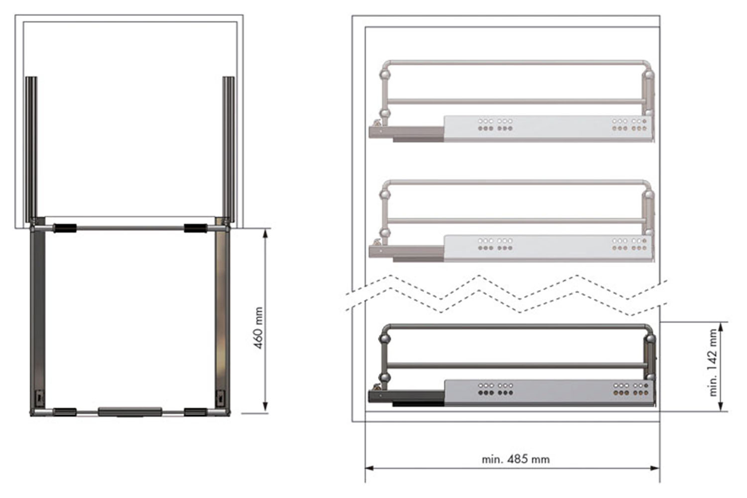 Compleet uittrekframe - met softclosing - montage: tweezijdig opschroefbaar - b:400-500mm - d:477mm