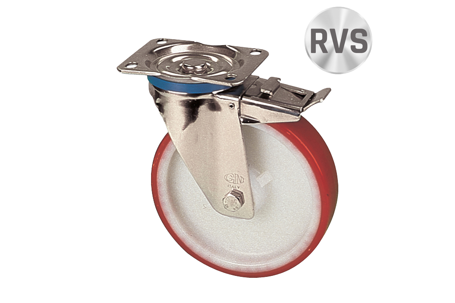 RVS Zwenkwielen met PU loopvlak - nylon kern - met rem